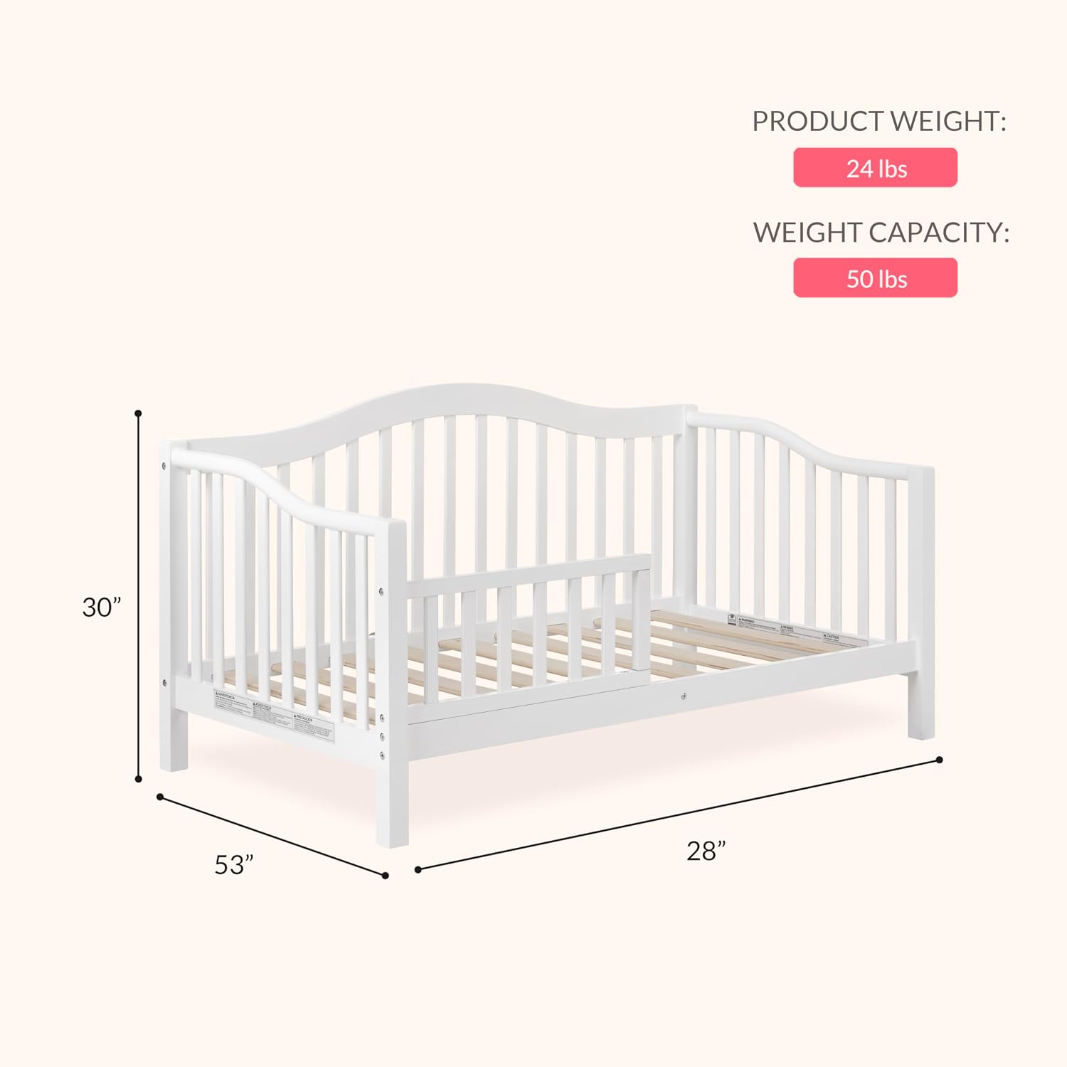 Dream On Me Austin Toddler Day Bed with Rails in White, Low to Floor Toddler Day Bed, Greenguard Gold & Baby Safety Alliance Certified, Non-Toxic Finishes, Side Safety Guard Rail