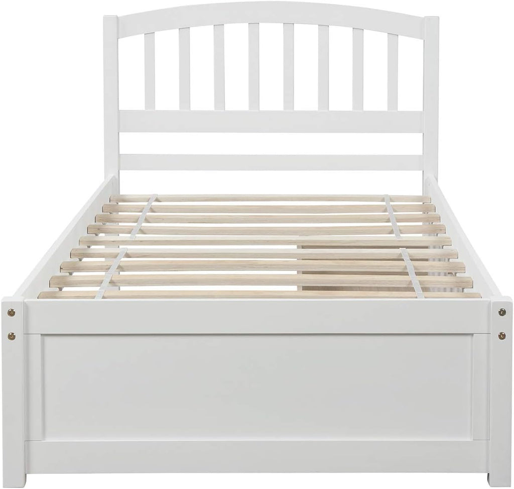 Twin Size Bed with Storage Drawers, Wooden Twin Platform Bed with Slat Support, Solid Wood Bed Frame for Kids Teens Adults (White)