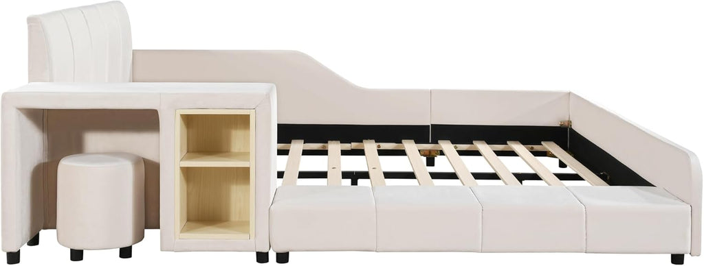Upholstered Grounded Bed, Full Size Mother & Child Bed with Bedside Desk and Little Round Stool, Velvet Fabric, No Box Spring Needed (Beige, Full)