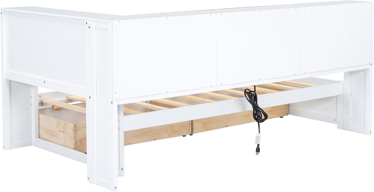 Modern Twin Size Daybed with 2 Storage Drawers, Multifunctional Solid Wood Sofa Bed Frame with Storage Cabinets, USB Portsand and Built-In Charging Station for Living Room,Guest Room (White-186J)