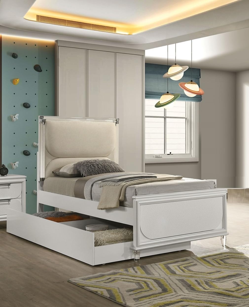 Pearl White Twin Size Bed W Trundle 2X Nightstands Embossed Panel 3pc Bedframe Bedroom Furniture