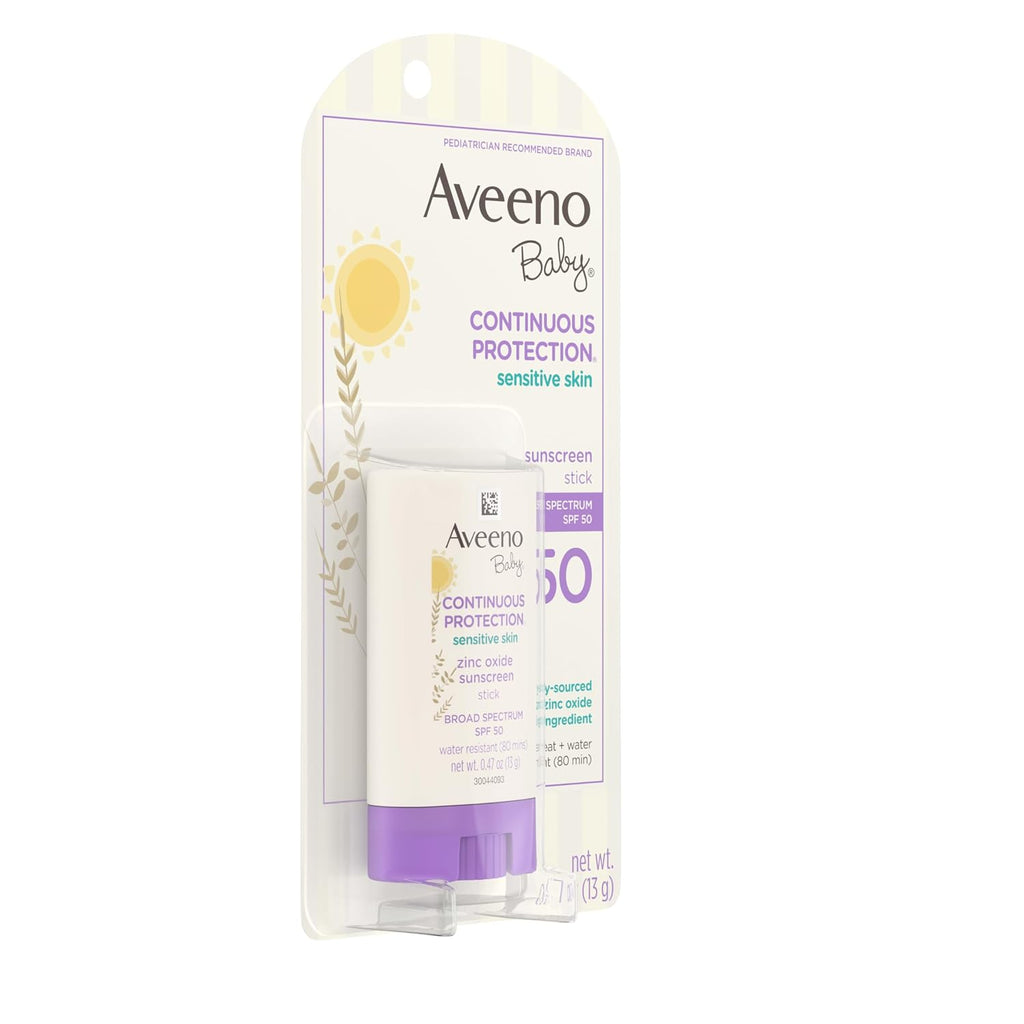 Aveeno Baby Continuous Protection Mineral Sunscreen Stick for Sensitive Skin with Broad Spectrum SPF 50 Protection for Face & Body, Naturally Sourced 100% Zinc Oxide, Travel Size, 0.47 oz (Pack of 12)