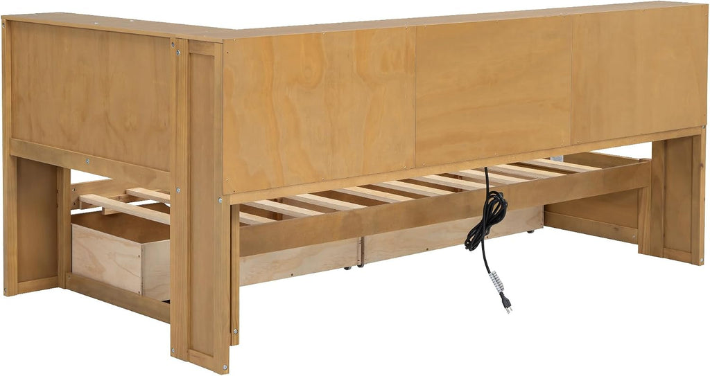 Modern Twin Size Daybed with 2 Storage Drawers, Multifunctional Solid Wood Sofa Bed Frame with Storage Cabinets, USB Portsand and Built-In Charging Station for Living Room,Guest Room (Wood-186J)