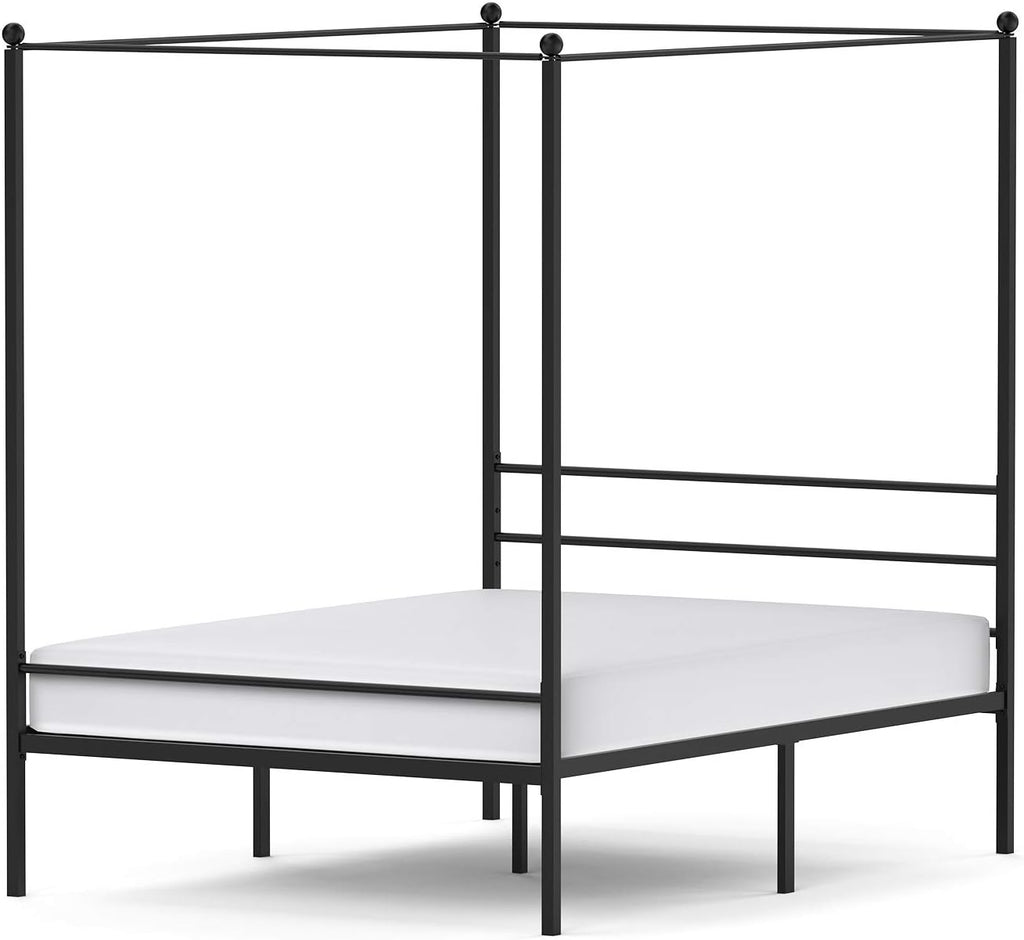 JOM Canopy Bed Frame Queen Size Black Metal 4 Poster Mattress Foundation Modern Post Corner with Headboard for Girls Adults