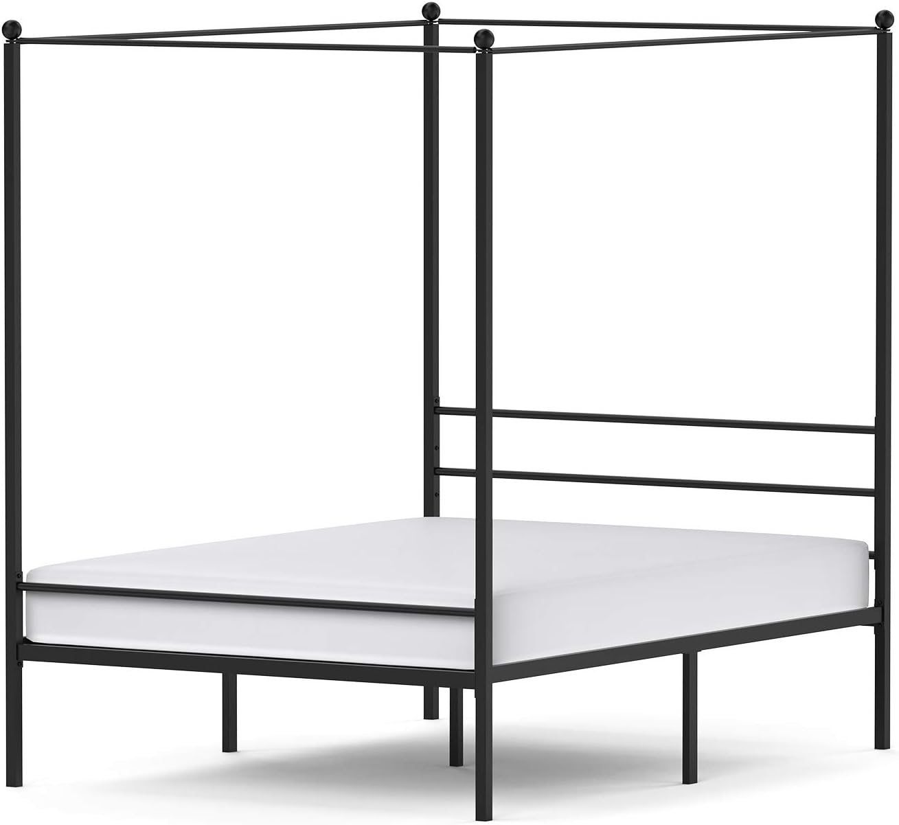 JOM Canopy Bed Frame Queen Size Black Metal 4 Poster Mattress Foundation Modern Post Corner with Headboard for Girls Adults