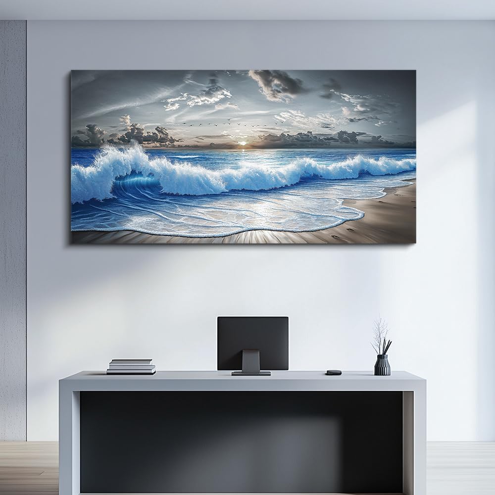 PHAOHUAXM Large Canvas Printed Artworks Mural Wall Decor For Living Room Wall Art For Bedroom Office Decor Black White And Blue Ocean Wave Landscape Painting Modern Home Decor Ready To Hang 30'X60'