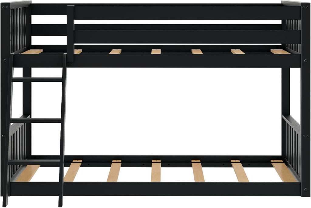 Max & Lily Low Bunk Bed, Scandinavian Modern Bunk Bed, Solid Wood Twin-Over-Twin Bed Frame for Kids, No Box Spring Needed, Black