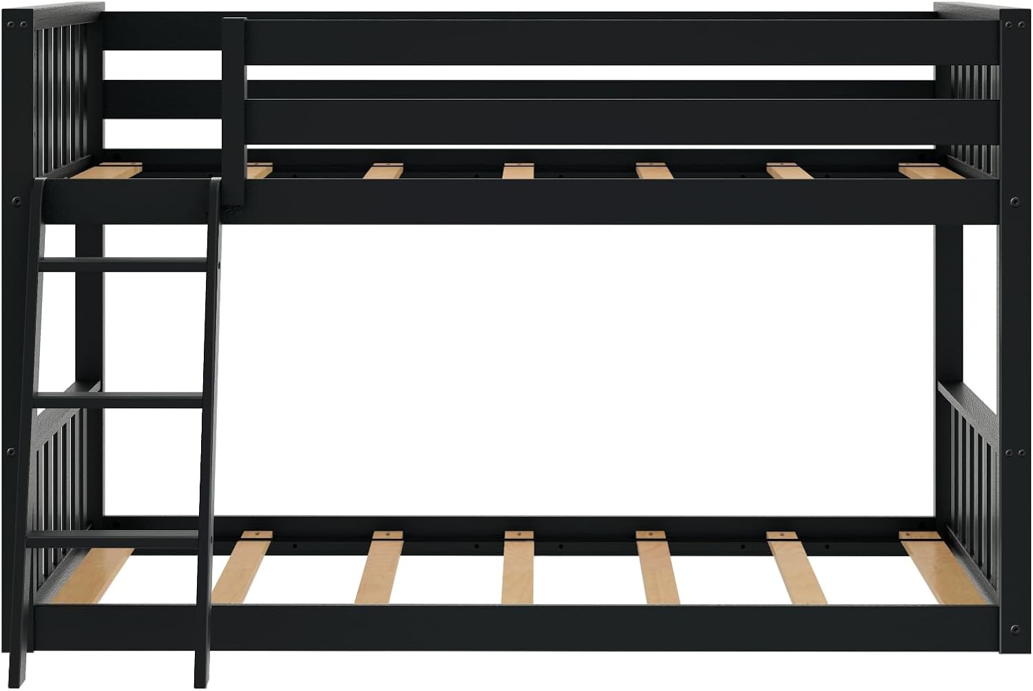 Max & Lily Low Bunk Bed, Scandinavian Modern Bunk Bed, Solid Wood Twin-Over-Twin Bed Frame for Kids, No Box Spring Needed, Black
