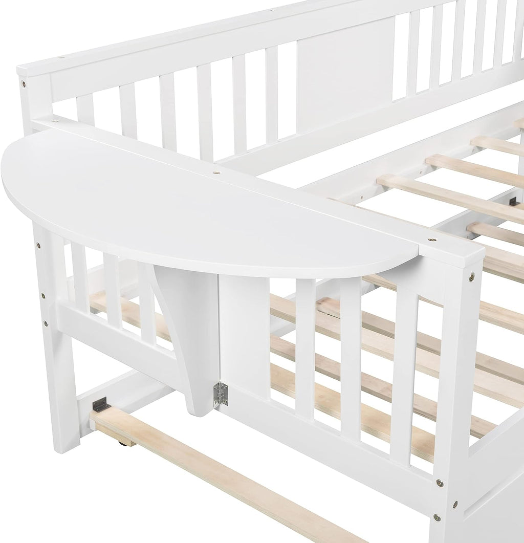 Twin Solid Wood Daybed and Trundle Frame Set with Headboard, Modern Sofa Bed with Tables/Rails for Bedroom Living Room (White+Tables)
