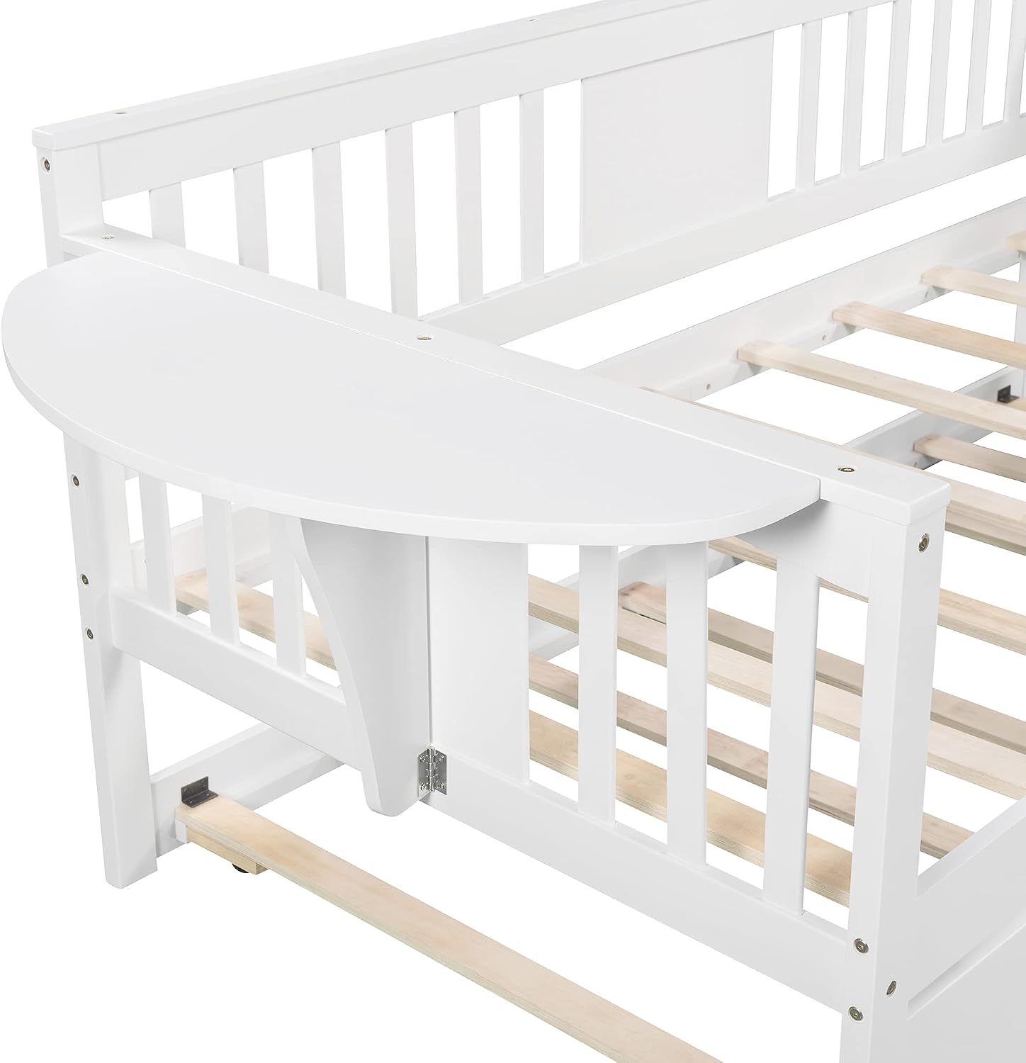 Twin Solid Wood Daybed and Trundle Frame Set with Headboard, Modern Sofa Bed with Tables/Rails for Bedroom Living Room (White+Tables)