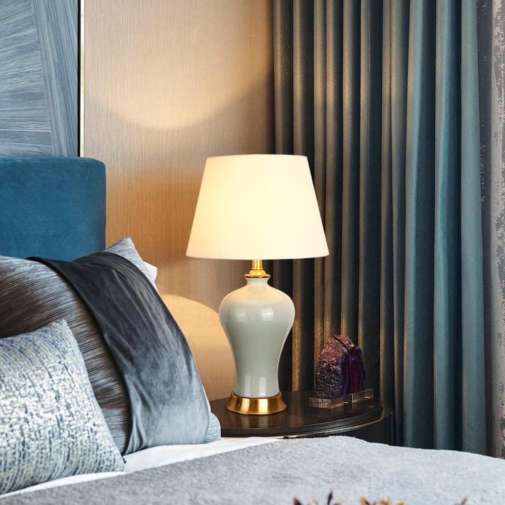 French Country Ceramic Table Lamp Bedside Desk Nightstand Lamp with Fabric Shade Vintage Vase Reading Lamp for Bedroom Living Room Office College Bookcase