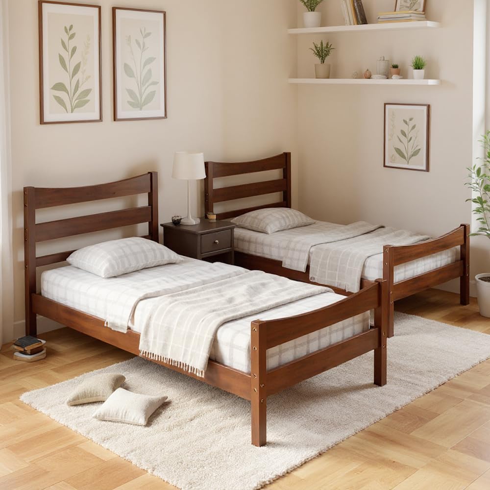 NAFORT Twin Size Wood Bed Frame/Twin Platform Bed Frame with Headboard and Footboard, Bed Frames for Boys Girls, Pine Wooden Mattress Foundation, No Box Spring Needed - Walnut
