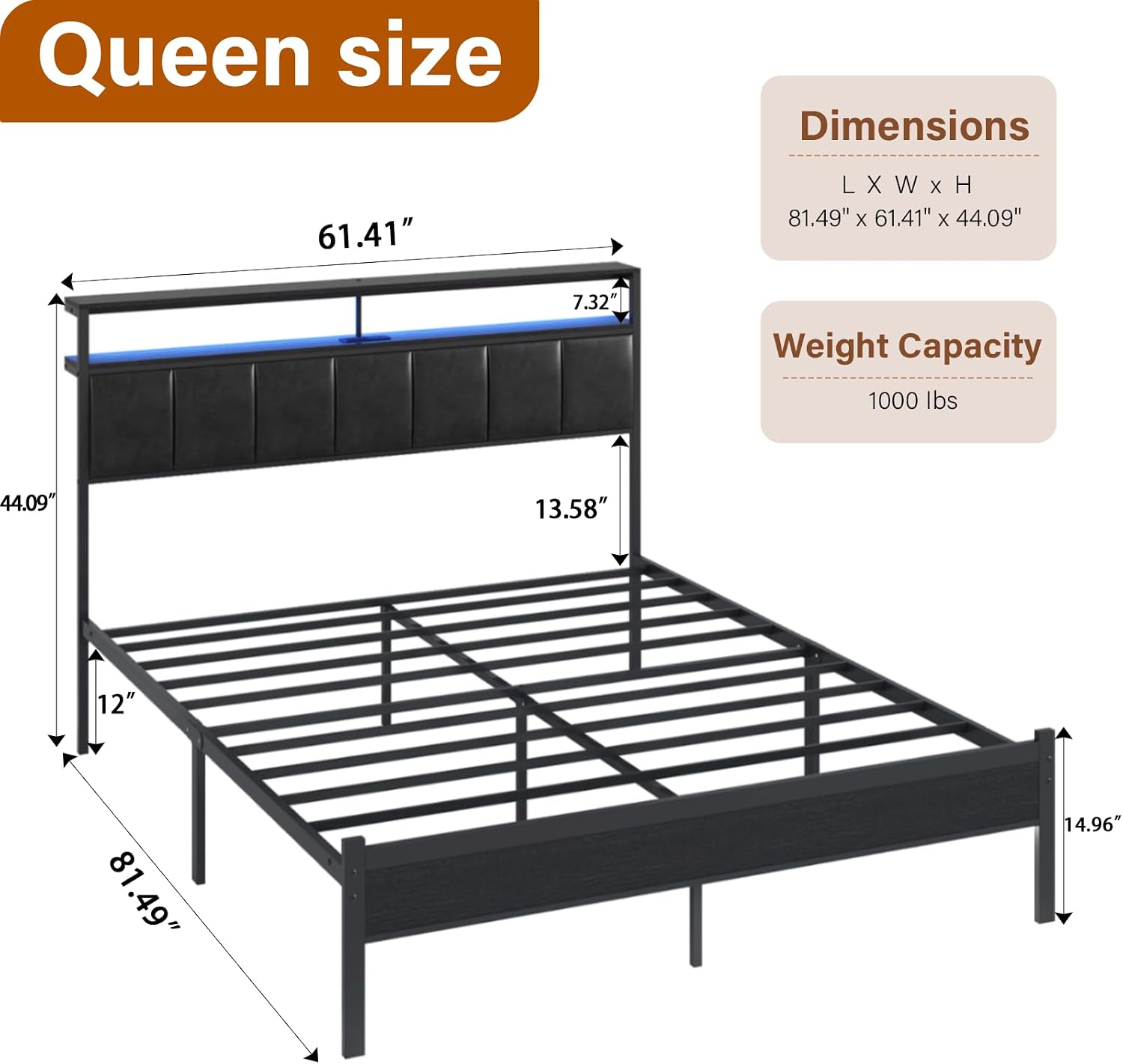 Queen Bed Frames with Charging Station and LED Lights, Black Queen Size Platform Bed with Metal Slats, Upholstered Headboard with 2-Tier Storage Shelves, No Box Spring Needed