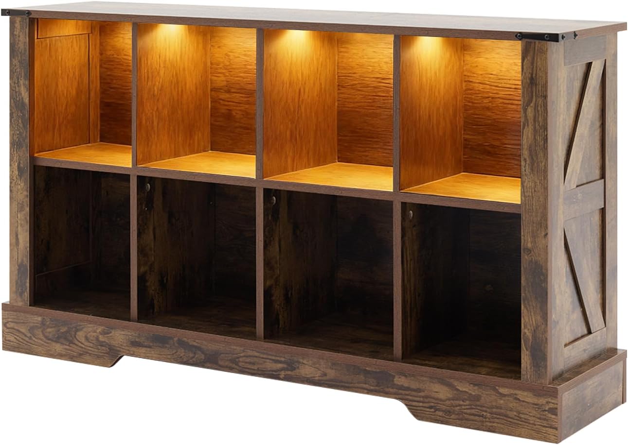 8 Cube Storage Organizer, Wood Cube Bookshelf with LED Lights, Horizontal Storage Cubes, Kids Bookshelf, Display Cabinet Cubby Shelf for Living Room Home Office Bedroom，Brown