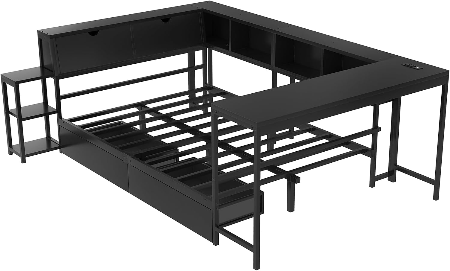 Bellemave Twin Size Corner Bed Frame with Desk and Storage Drawers,Twin Metal Platform Corner Bed Frame with Charging Station and LED Lights, Twin Daybed for Kids Teens Guests,Black