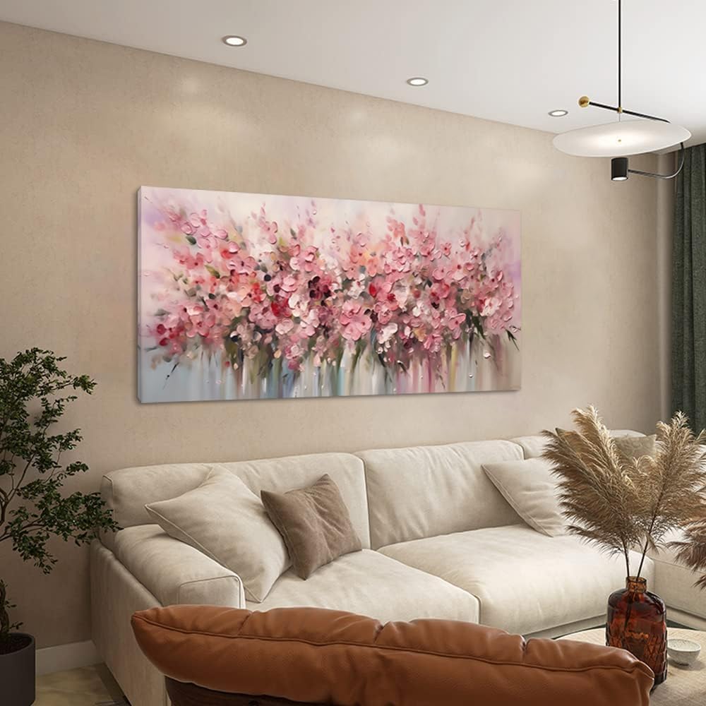 ZOMNAI Beautiful Blooming Pink Flowers Painting Plants Wall Art Decor Artwork for Bedroom (30x60 Inches)
