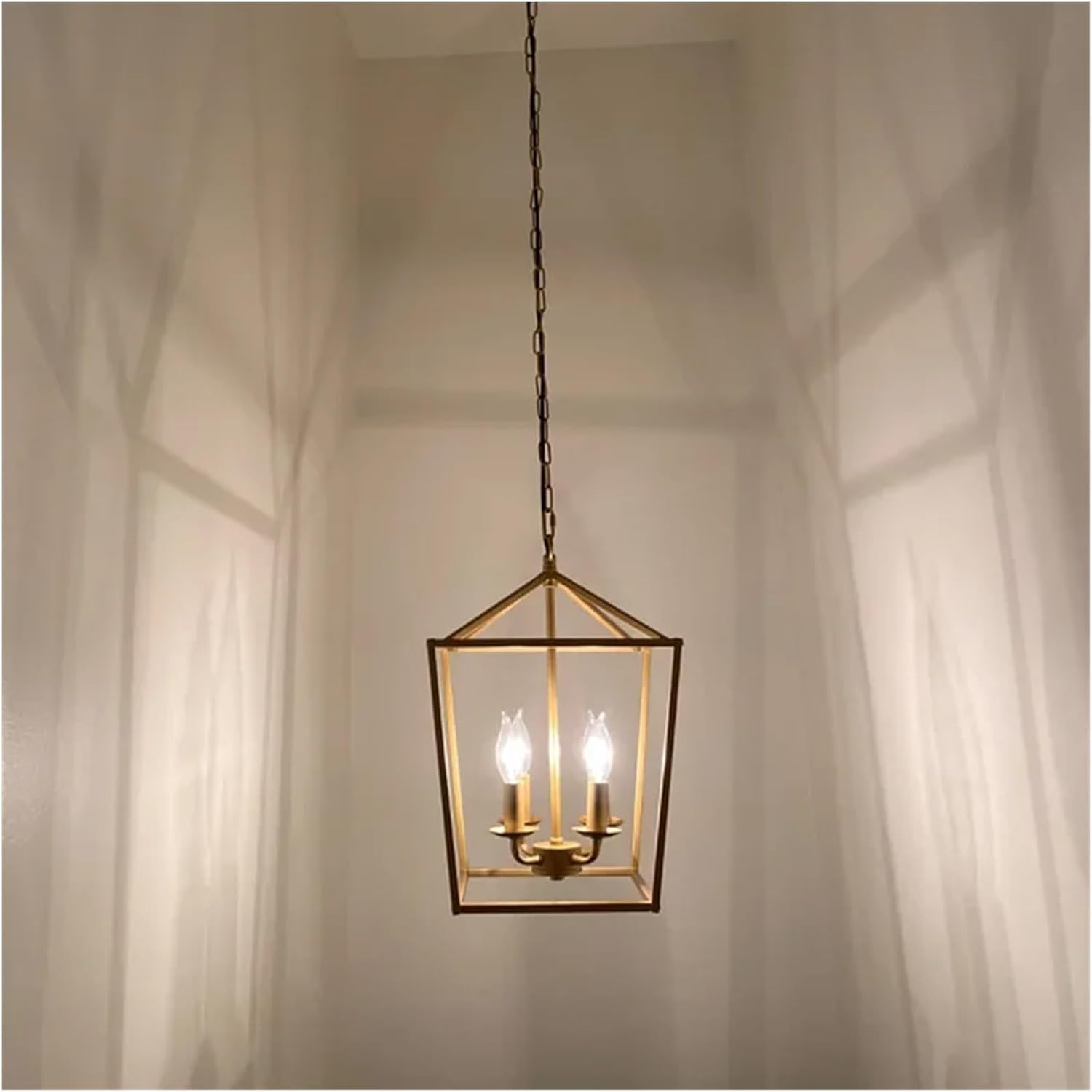 Chandelier, Retro Corridor Pendant Lights Minimalism Metal Frame Chandelier Lamp Art Decor Indoor Lighting Led Luminarias(Gold D32 H48cm,White Light)