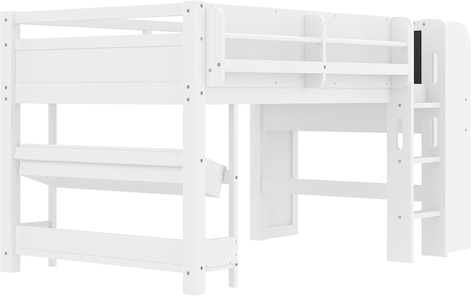 MERITLINE Twin Loft Bed with Desk & Blackboard, Twin Multi-Functional Bed with Storage, All-in-One Study & Play Design, White