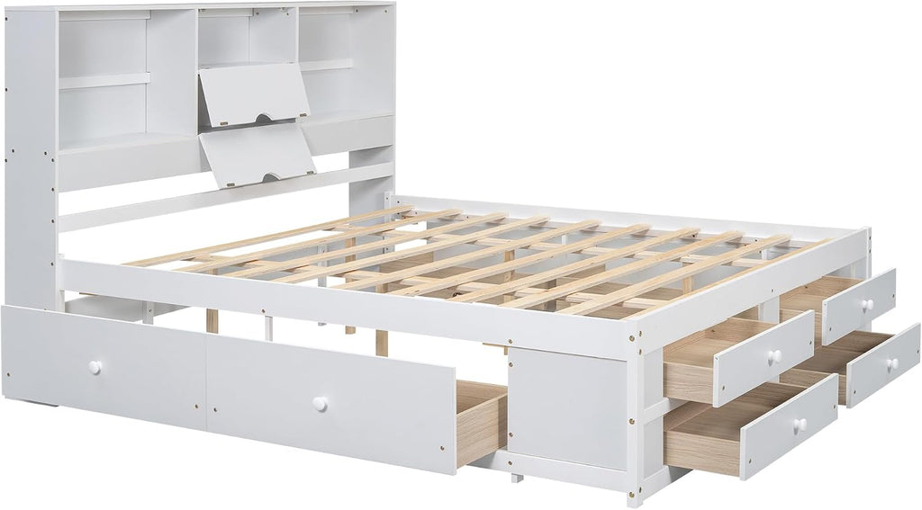 King Size Wood Platform Bed with 8 Storage Drawers and Bookcase Headboard for Bedroom (White, King)