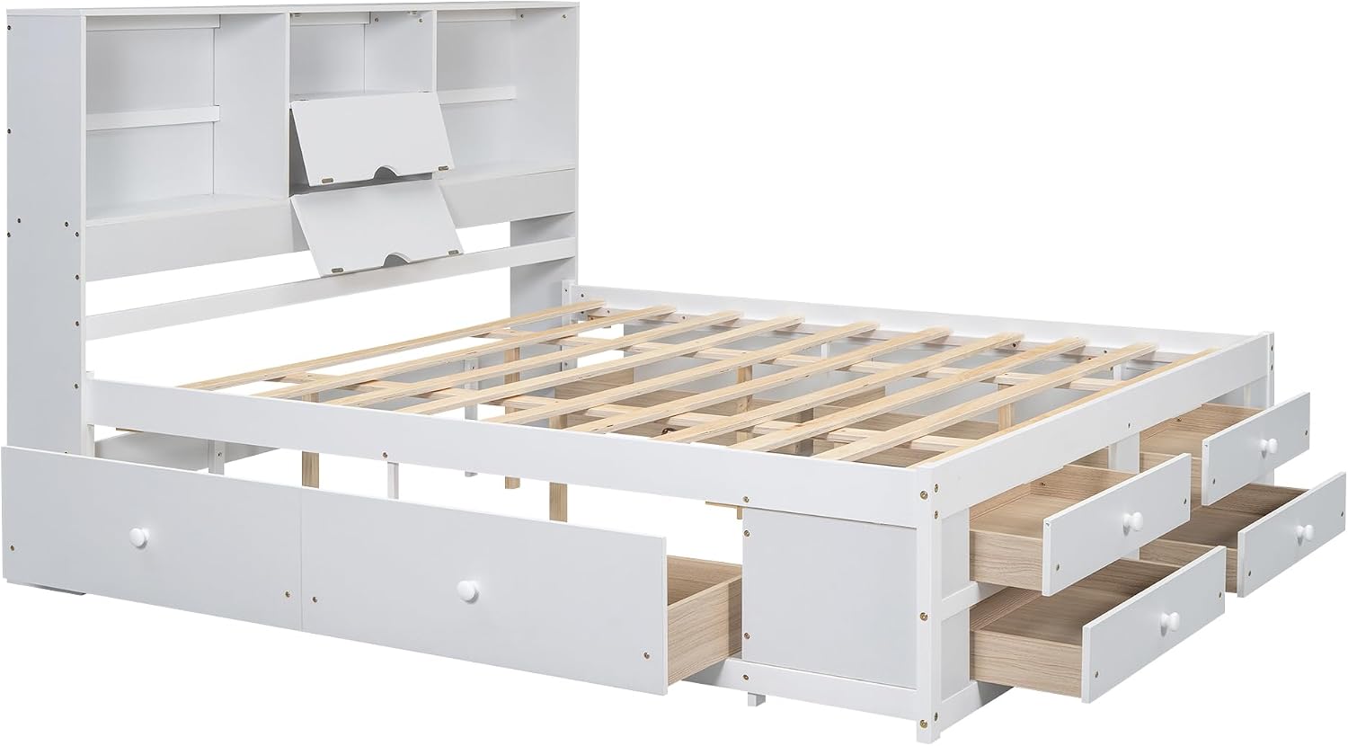 King Size Wood Platform Bed with 8 Storage Drawers and Bookcase Headboard for Bedroom (White, King)