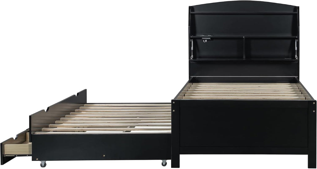 Merax Twin Size Bed Frame with Flip-Up Storage Headboard, Black Twin Bed with 3 Drawers and Trundle, Wooden Bed Frame Twin a Set of Sockets & USB Ports, No Box Spring Needed