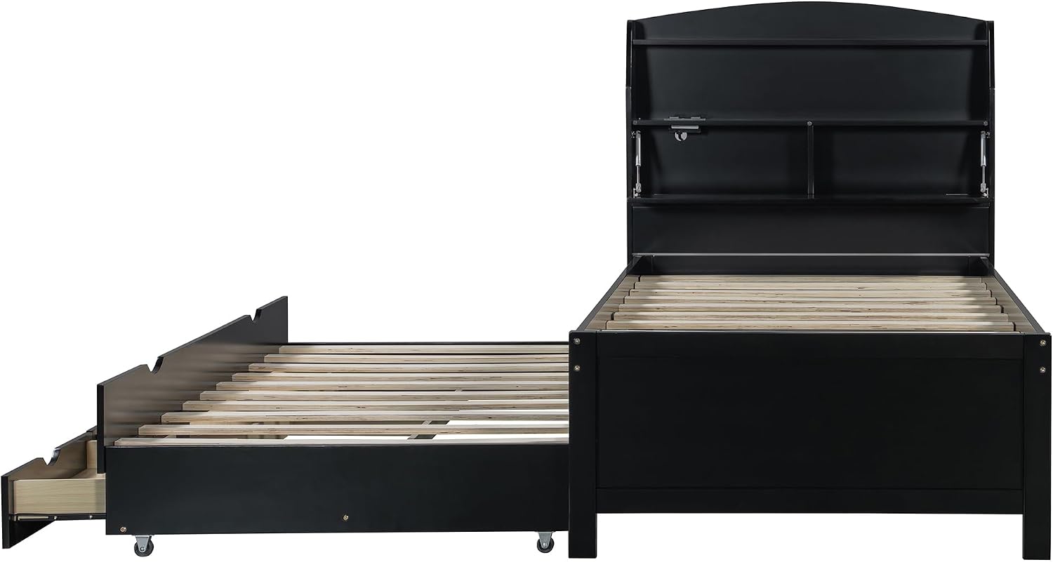 Merax Twin Size Bed Frame with Flip-Up Storage Headboard, Black Twin Bed with 3 Drawers and Trundle, Wooden Bed Frame Twin a Set of Sockets & USB Ports, No Box Spring Needed