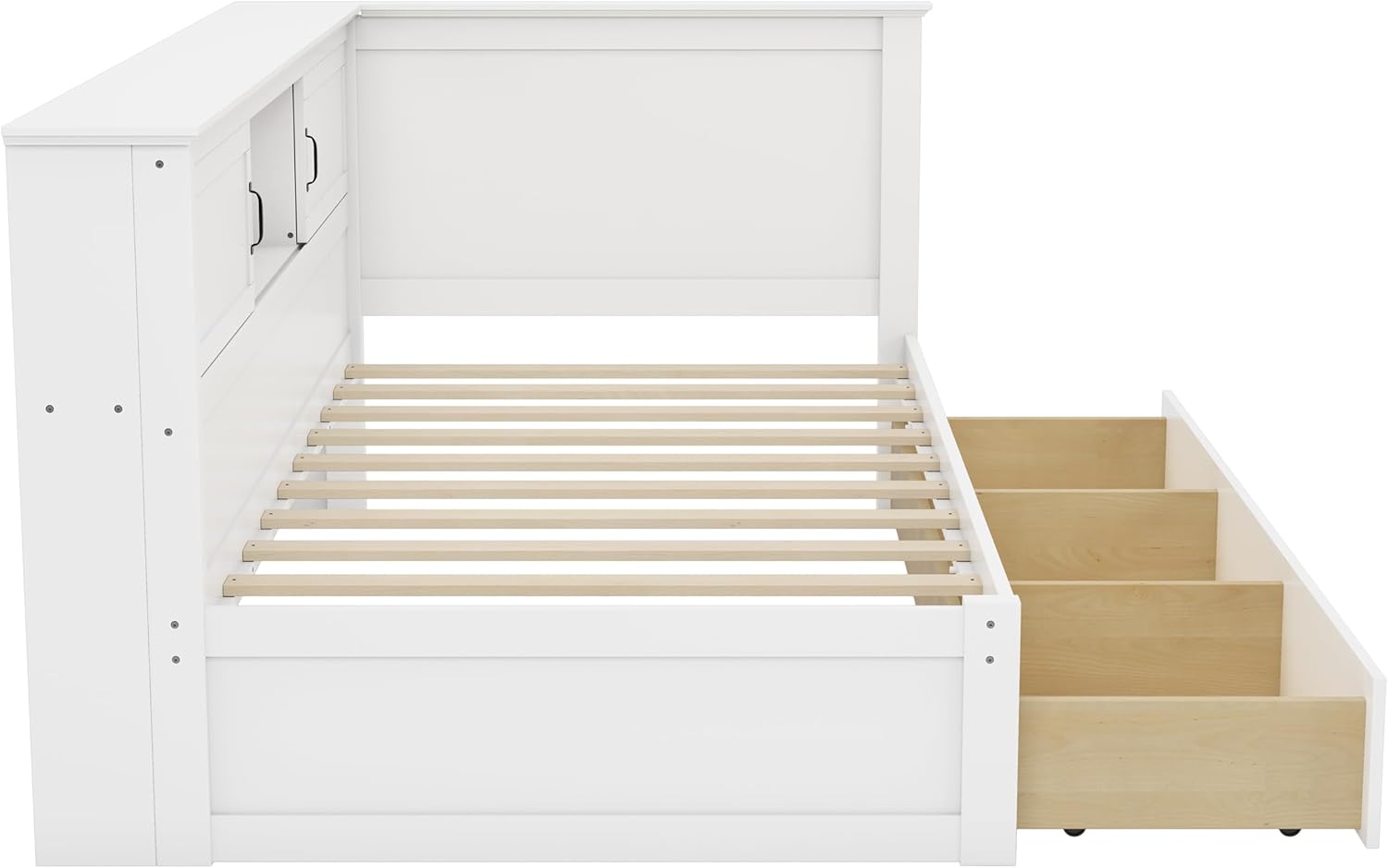 Twin Size L-Shaped Bed with Drawer and Bookcase, Multifunctional Corner Bed, Wooden Captain Bed Frame with Led Downlight and USB Port for Kids Teens Adults