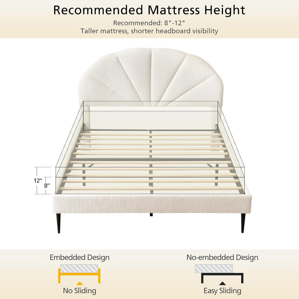 VELOCAVA Upholstered Queen Bed with Seashell Headboard, Soft Boucle Platform Bed with Rounded Corners Design, Wooden Slats Support, No Box Spring Needed, Easy Assembly, Cream White