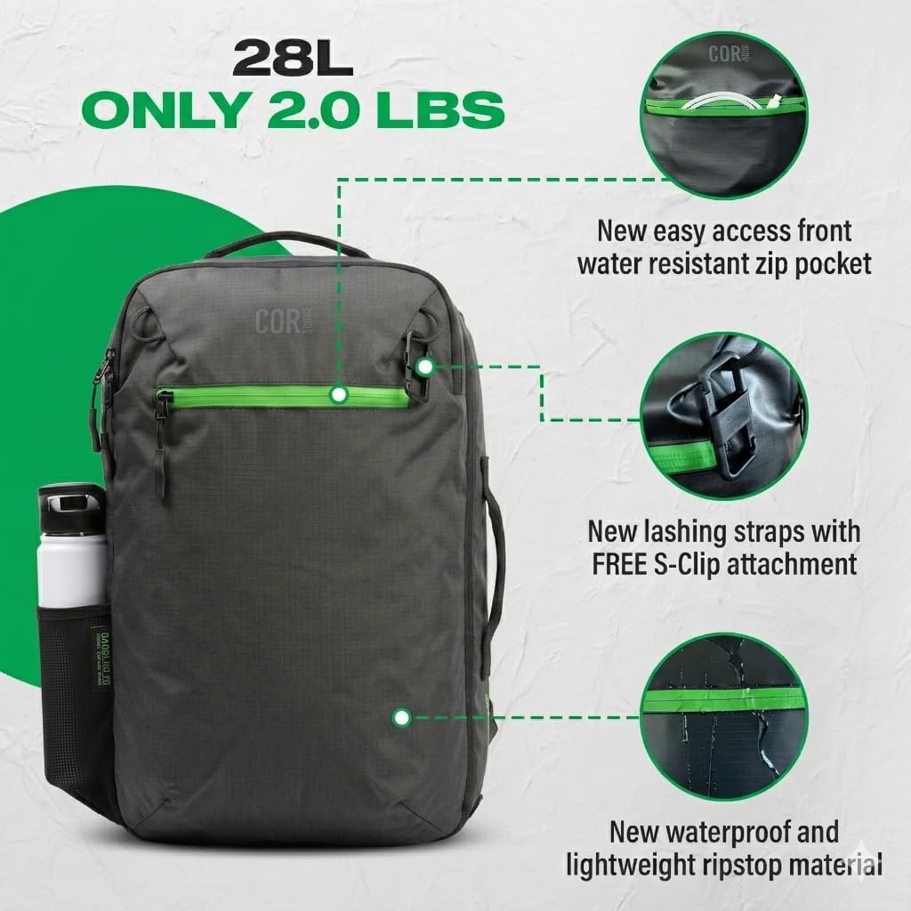 COR Surf Travel Backpack Carry On Backpack for Airplanes - Island Hopper 2.0 - Travel Backpack with Clamshell Design -Black with Green Zipper