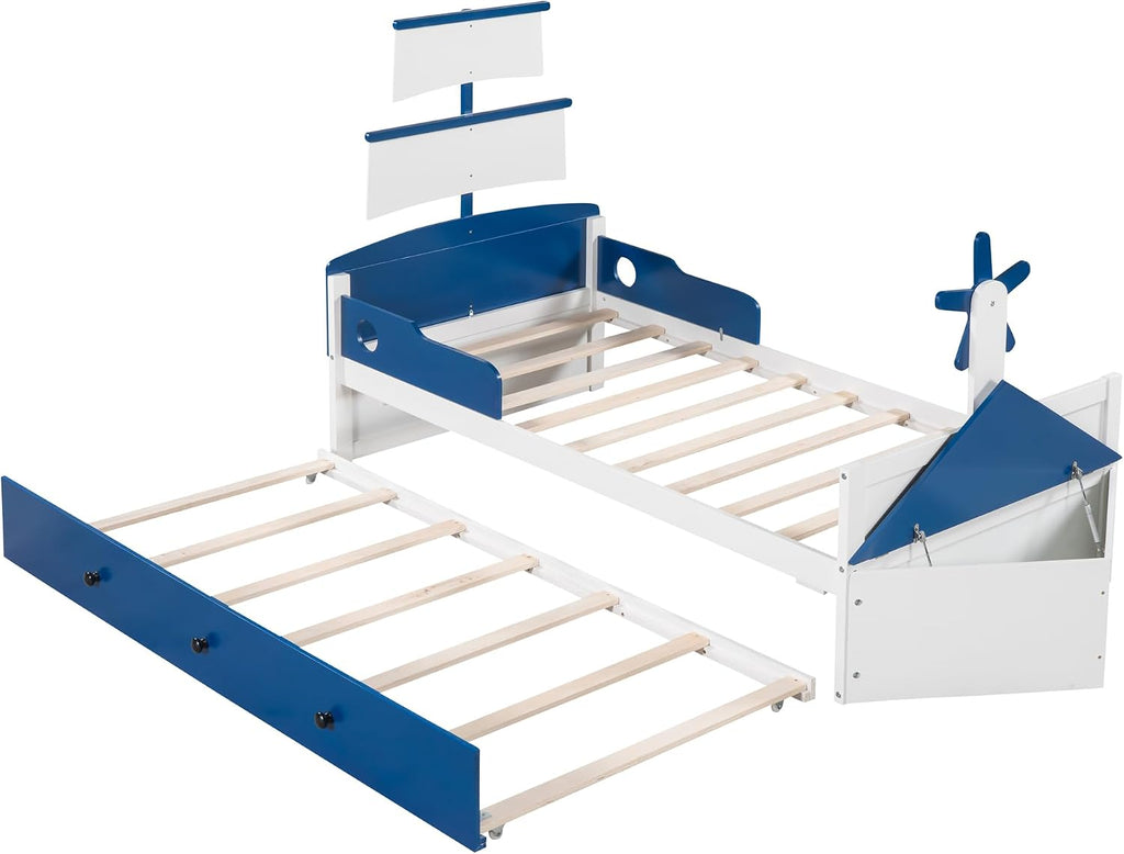 Generic 3 s Bedroom Sets,Twin Size Boat Shaped Platform Bed with Trundle and Two Nightstands,White+Blue, As title