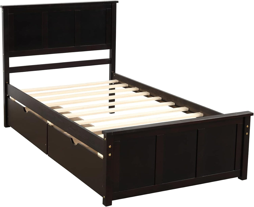 Twin Platform Bed with 2 Drawers and Headboard, Solid Wooden Twin Size Bed Frame with Storage and Wood Slats, Twin Size Platform Bed for Kids,Teens,Adults (Espresso)