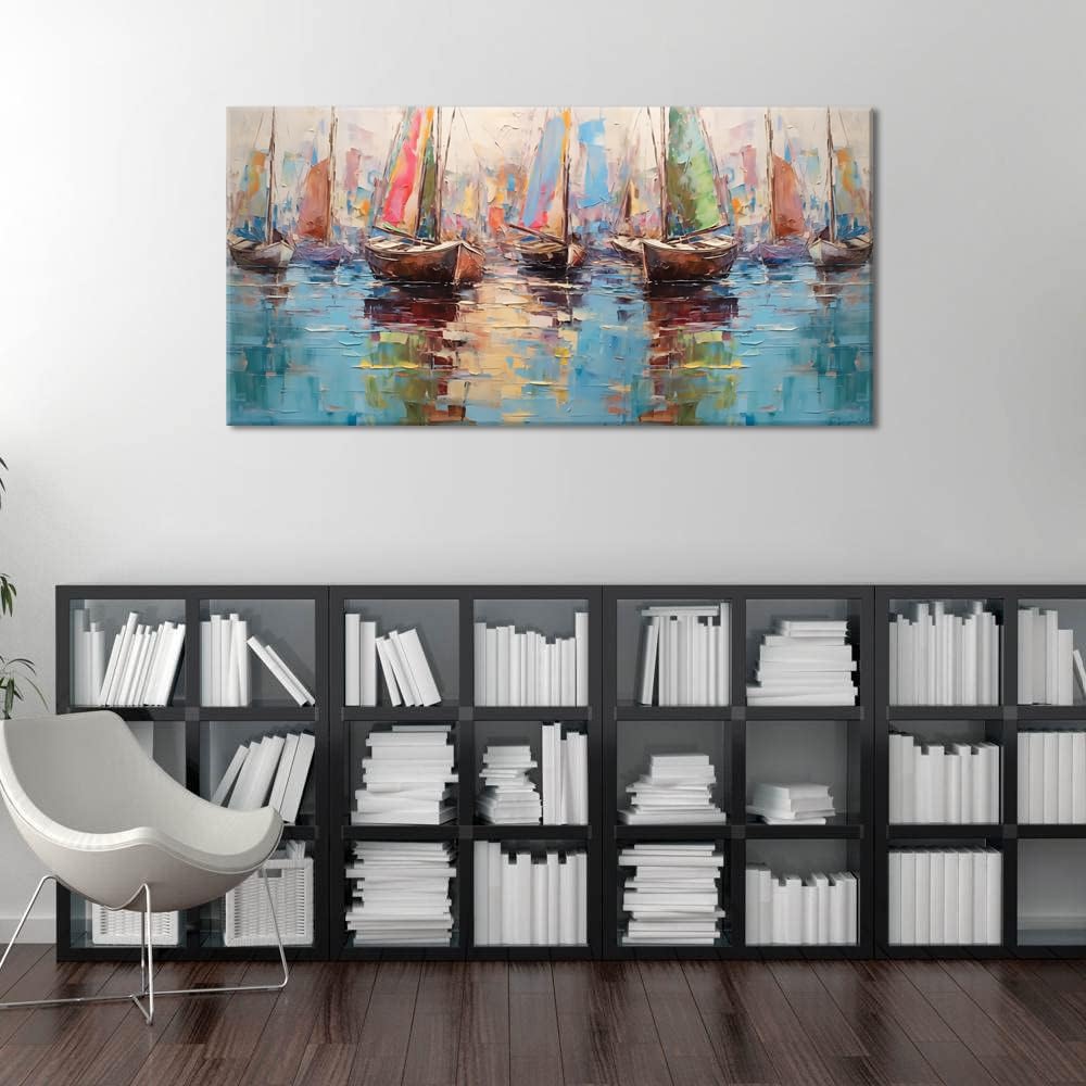 Colorful Boats on Water Oil Painting Style Wall Art Decor Artwork for Bedroom (30x60 Inches)