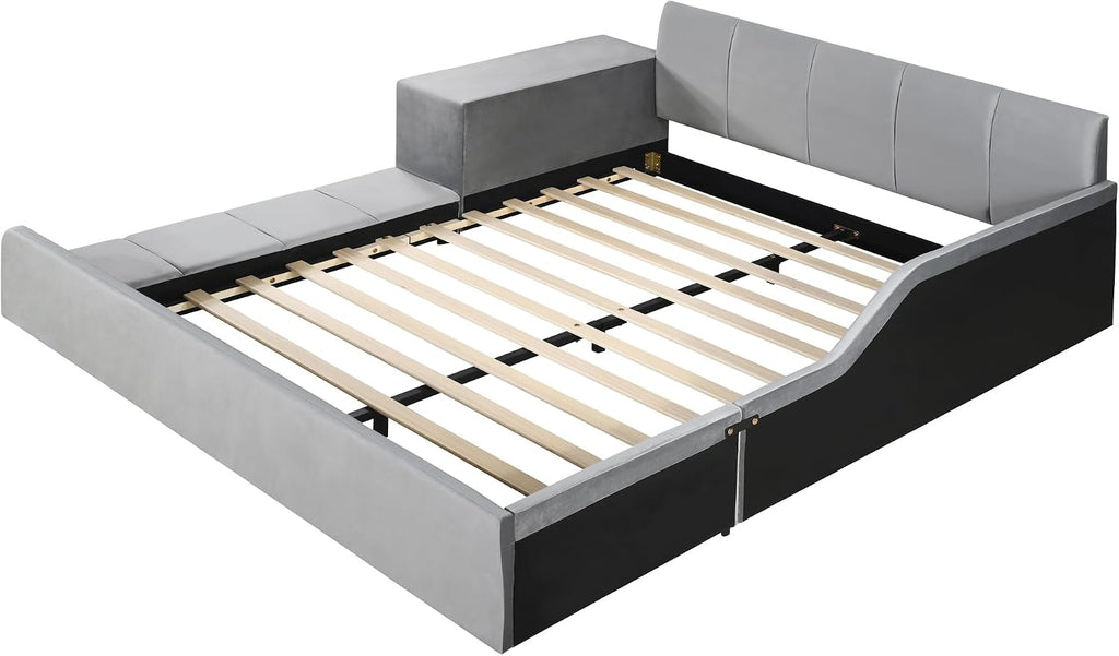 Queen Size Upholstered Bed Frame with Bedside Desk and Little Round Stool, Modern Comfortable Soft Bed with Sturdy Slats Support, Mother & Child Bed for Kids Adults (Gray, Queen)