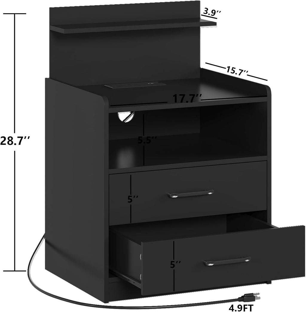 Nightstand Set of 2 with Charging Station and LED Lights, Bedside Table with 2 Drawers and Open Storage Shelf, 2 USB Ports and 2 AC Outlets, LED Night Stands for Bedroom Set of 2, Black