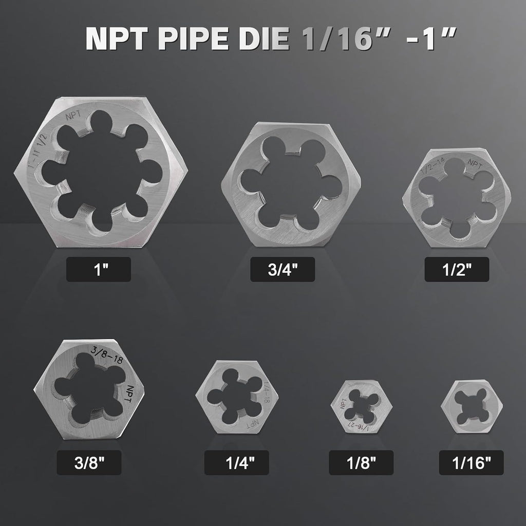 NPT Pipe Tap and Die Set, Hex Die Set 1/16', 1/8', 1/4', 3/8', 1/2', 3/4' and 1', 15pcs High Speed Steel Taps & Dies with Storage Case