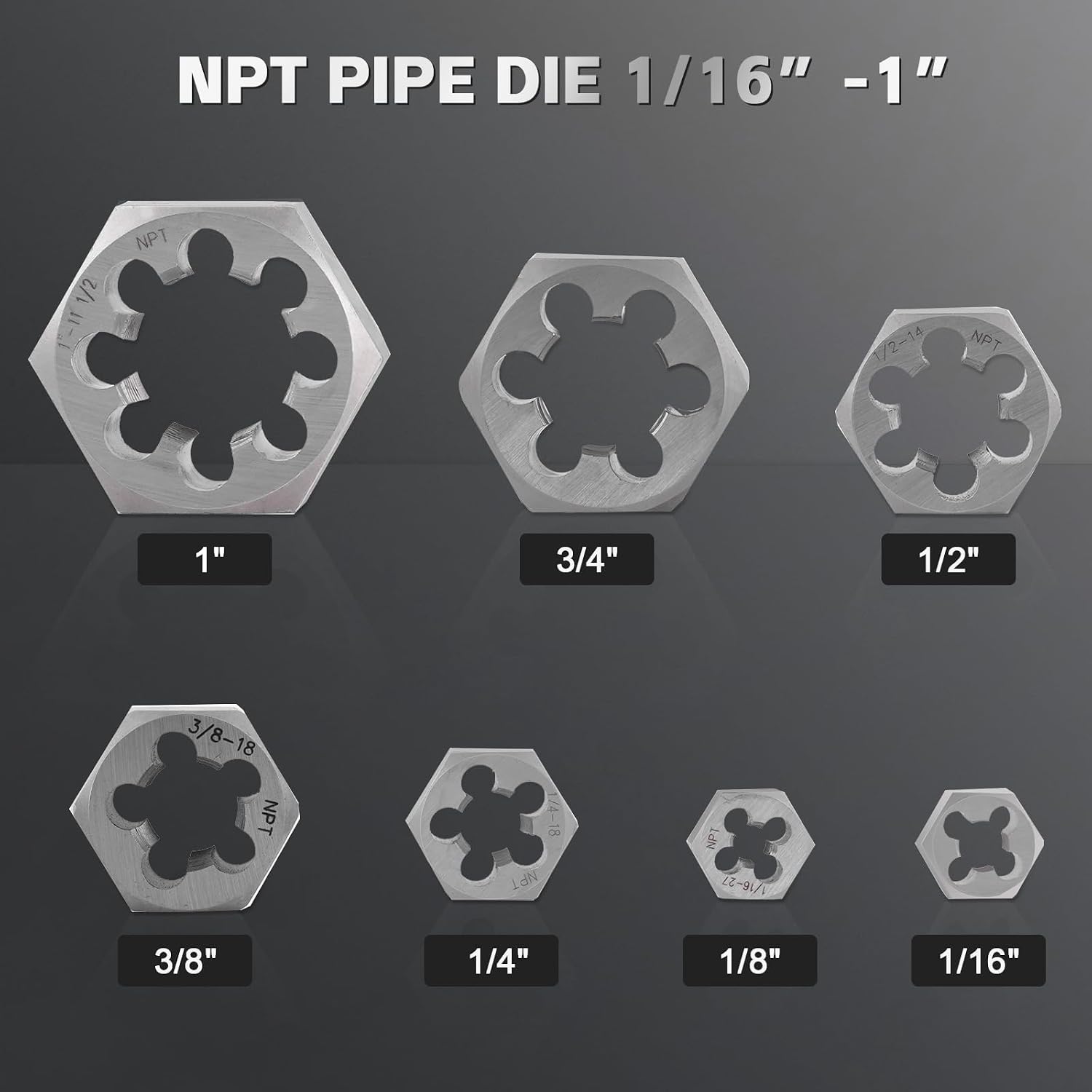 NPT Pipe Tap and Die Set, Hex Die Set 1/16', 1/8', 1/4', 3/8', 1/2', 3/4' and 1', 15pcs High Speed Steel Taps & Dies with Storage Case