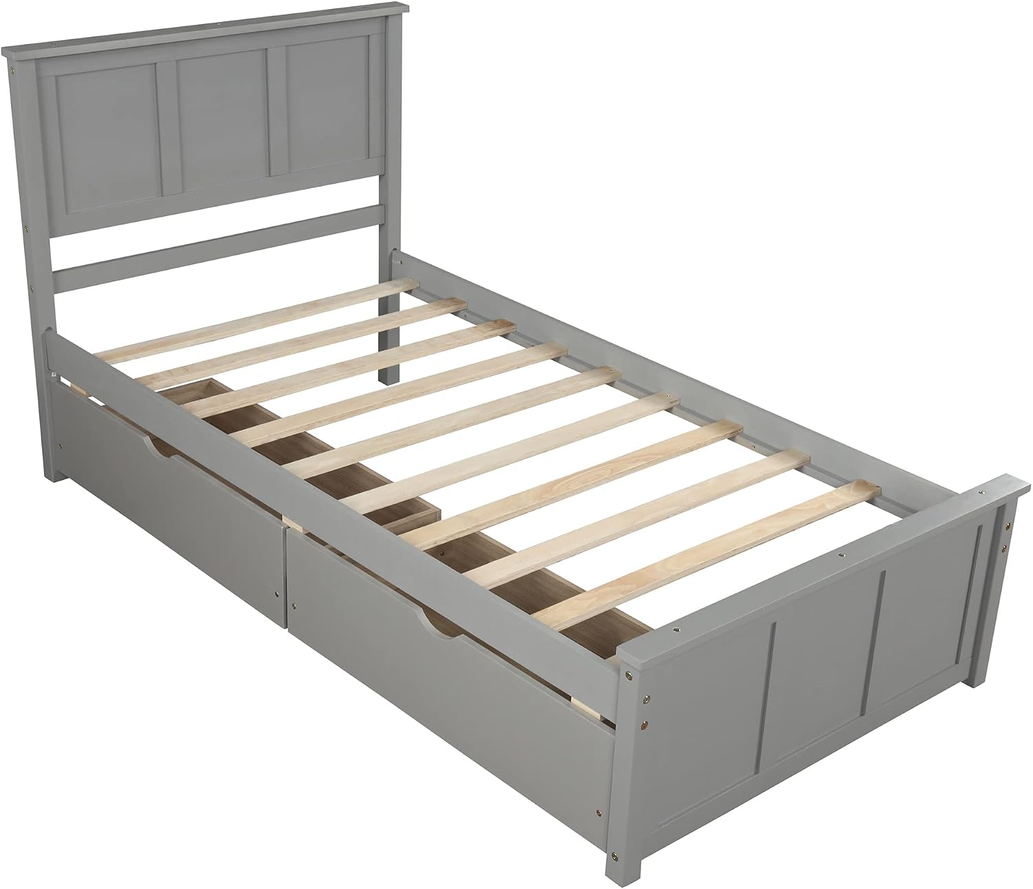 Twin Platform Bed with 2 Drawers and Headboard, Solid Wooden Twin Size Bed Frame with Storage and Wood Slats, Twin Size Platform Bed for Kids,Teens,Adults (Grey)