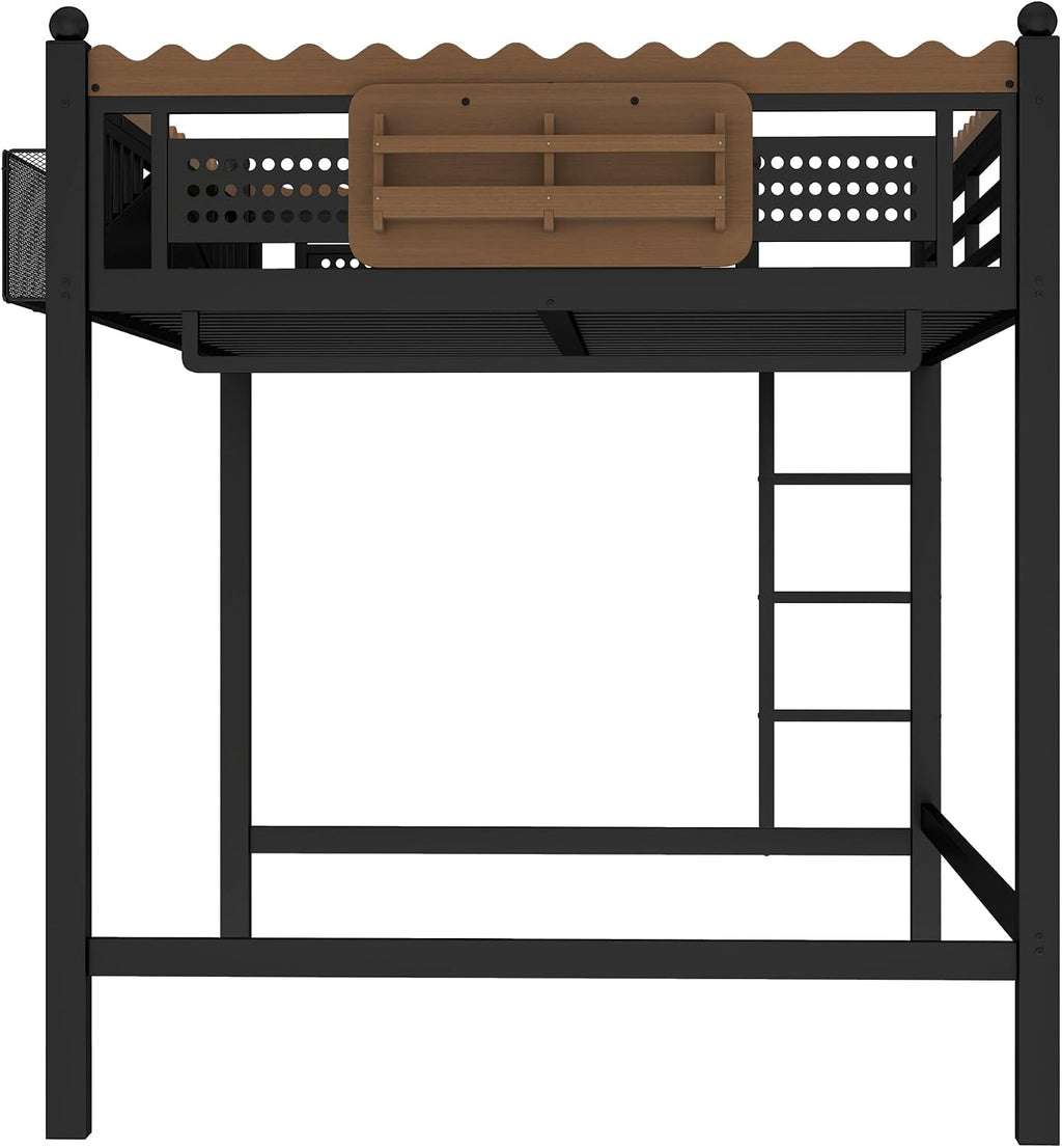 JIVOIT Metal Loft Bed with Built-in Storage Shelves and Bookshelf, Full Size Metal Loft Bed with Safe Ladder & Guardrail, Space-Saving Loft Bed, No Box Spring Needed and Chic Design