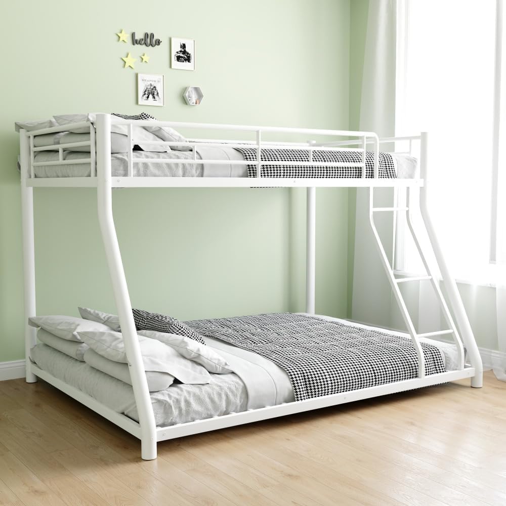 Twin Over Full Metal Bunk Bed, with Ladder & Full-Length Guardrail for Teens Adults, Noise Free (White + Metal + Metal)