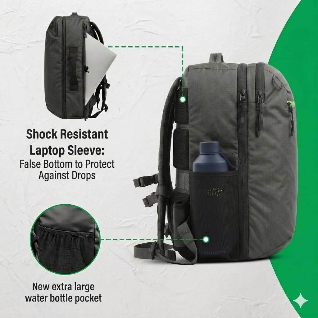 COR Surf Travel Backpack Carry On Backpack for Airplanes - Island Hopper 2.0 Travel Backpack with Clamshell Design | Black with Green Zipper (34L Matte Black)