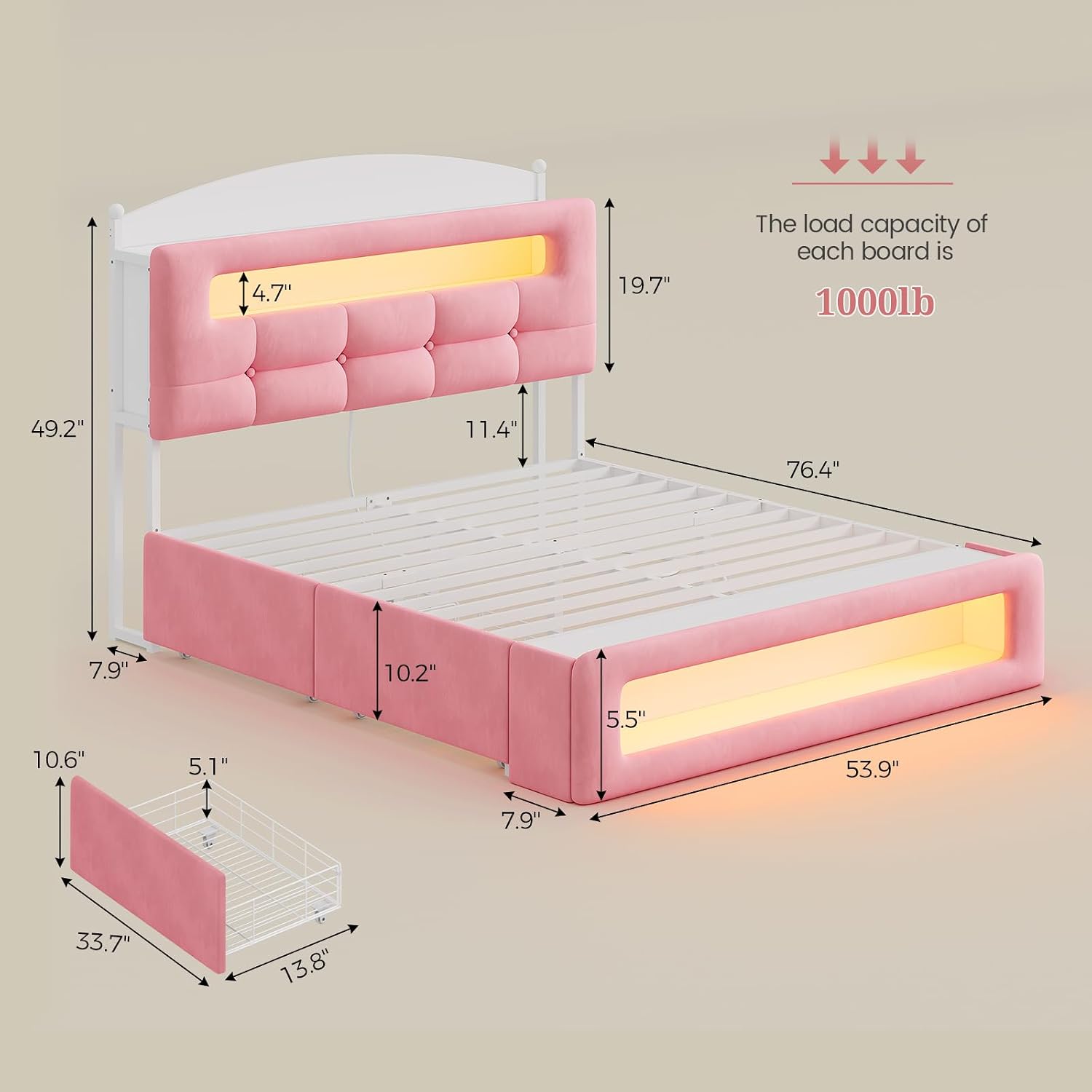 UPOSOJA Full Size Upholstered Platform Bed Frame with 2 Drawers LED Lighting, Storage Headboard and Footboard, Remote/App Control, No Box Spring Needed,Pink,(Full)