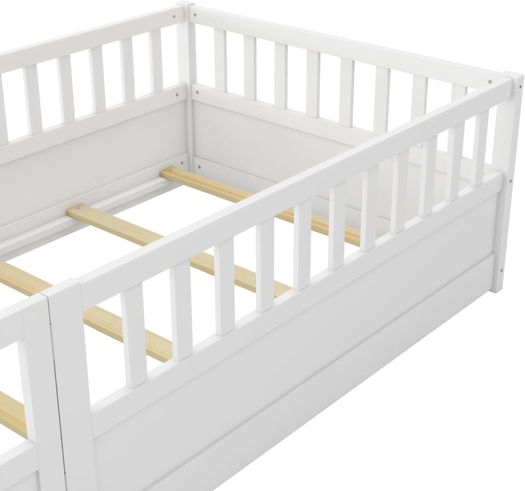 Twin Floor Bed with Slats and High Fence, Twin Size Montessori Floor Beds with Door, No Box Spring Needed, Easy Assemble Montessori Bed Frame(White Twin)