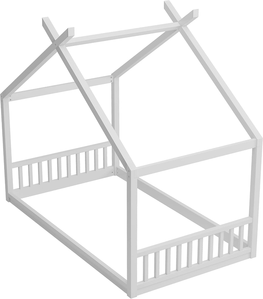 JIVOIT Twin Size House Bed with Roof, Floor Bed Frame with Headboard and Footboard, Wooden House Bed Fence Bed, Easy Assembly (White/Twin,93)