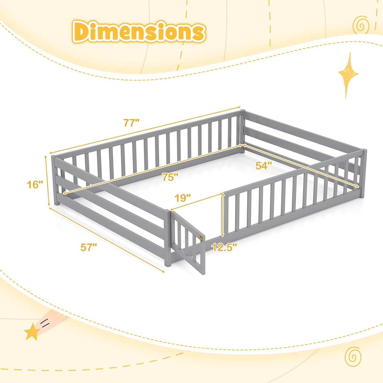 BECOMFORT Full Size Floor Bed for Kids, Kids Wood Bed Frame with Door, Latch & Safety Guardrails, Montessori Bed for Boys Girls