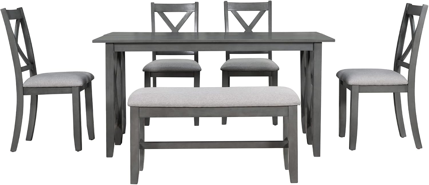 LUMISOL Foldable Kitchen Table Set with Bench and Chairs for 6, 6 Piece Dining Room Table Set with Upholstered Seating and Folding Table