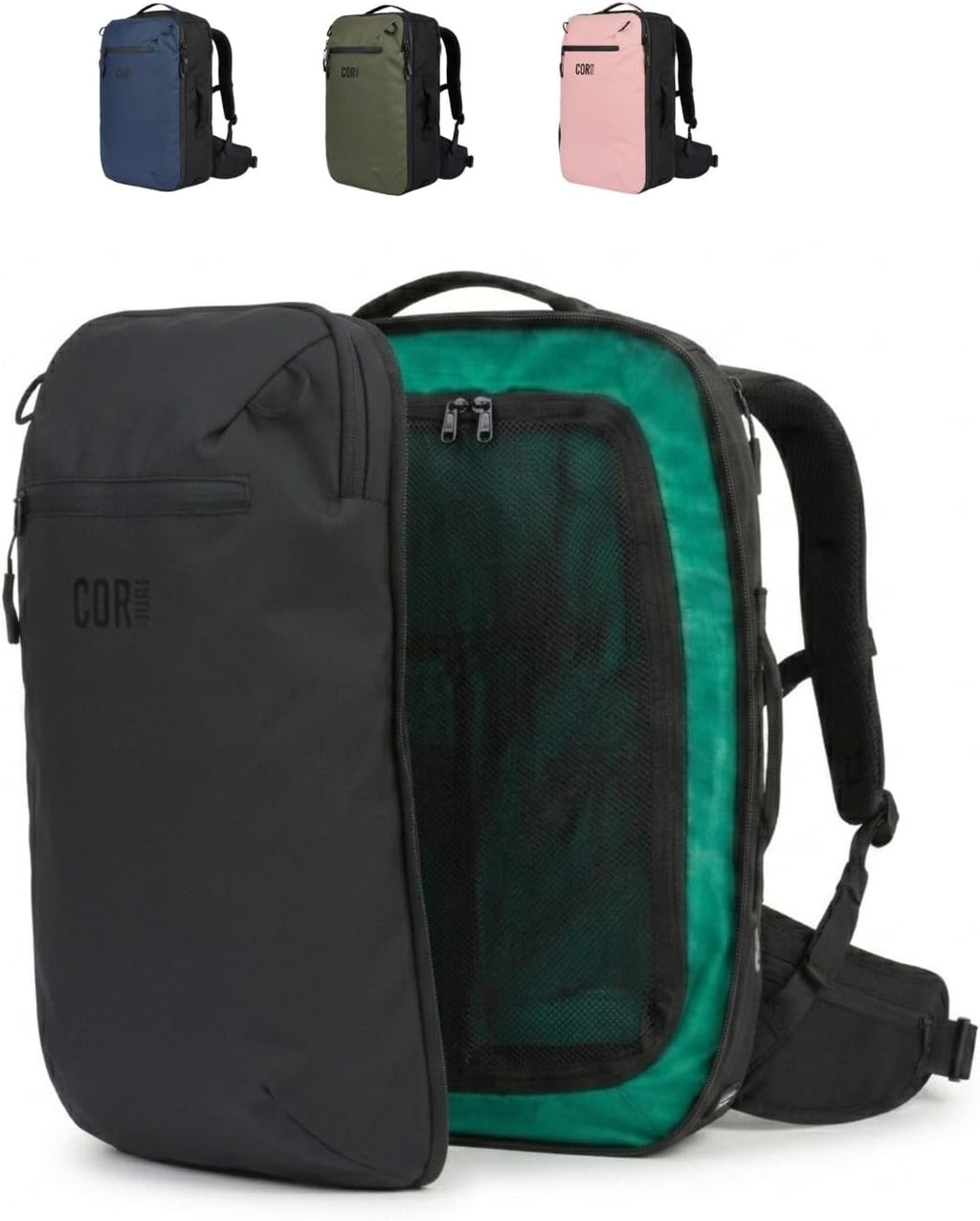 COR Surf Travel Backpack Carry On Backpack for Airplanes - Travel Backpack with Clamshell Design The Island Hopper - 40L Black