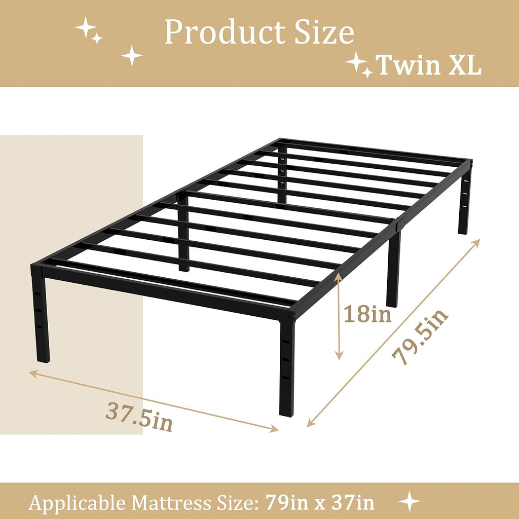 Twin XL 18 Inch Metal Platform Bed Frame,Heavy Duty,Metal,No Box Spring Needed,Underbed Storage,Easy Assembly,Noise Free,Minimalism,Non-Slip,Bedroom,Kids,Boys,Girls,Black