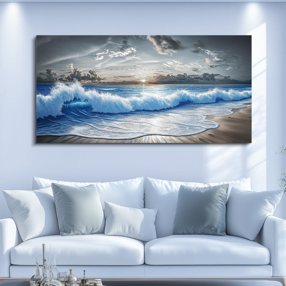 PHAOHUAXM Large Canvas Printed Artworks Mural Wall Decor For Living Room Wall Art For Bedroom Office Decor Black White And Blue Ocean Wave Landscape Painting Modern Home Decor Ready To Hang 30'X60'