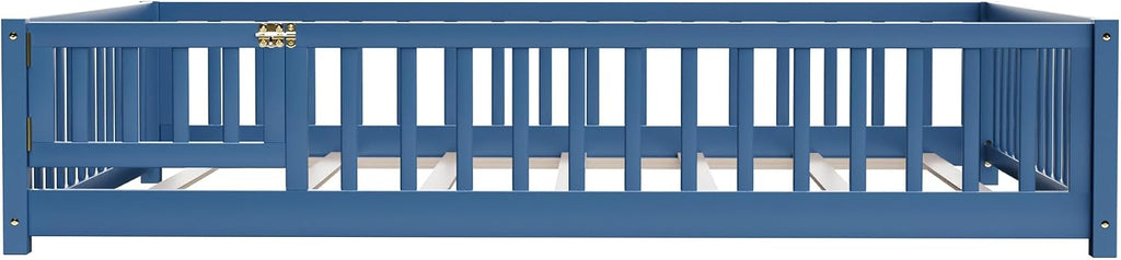 i-POOK Twin Floor Bed Frame with Wood Slats, High Fence & Small Door, Pinewood Montessori Floor Bed for Girls and Boys, Mist Blue