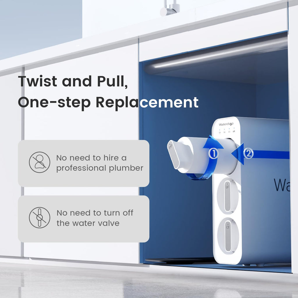 Waterdrop TSU-WB 0.01μm Ultra-Filtration Under Sink Water Filter System, 3-Stage Tankless Undersink Water Filtration with Faucet, Smart Panel, Does not Lower TDS (𝙉𝙊𝙏 𝙍𝙊), Drilling Required